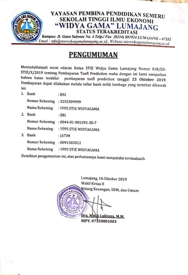 Surat Edaran Toefl Prediction Institut Teknologi Dan Bisnis Widya